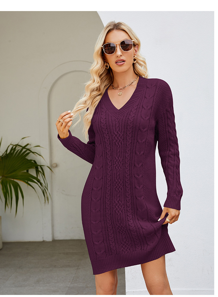 Womens Cable Knit Sweater Dress V-Neck Long Sleeve Winter Dress